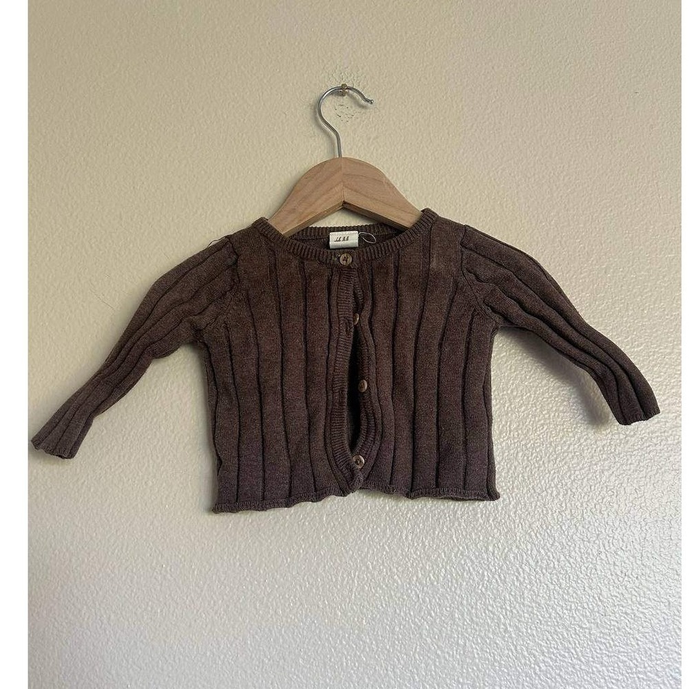 H&M Chocolate Brown Ribbed Knit Cardigan 2-4M Gender Neutral Cottagecore Scandi